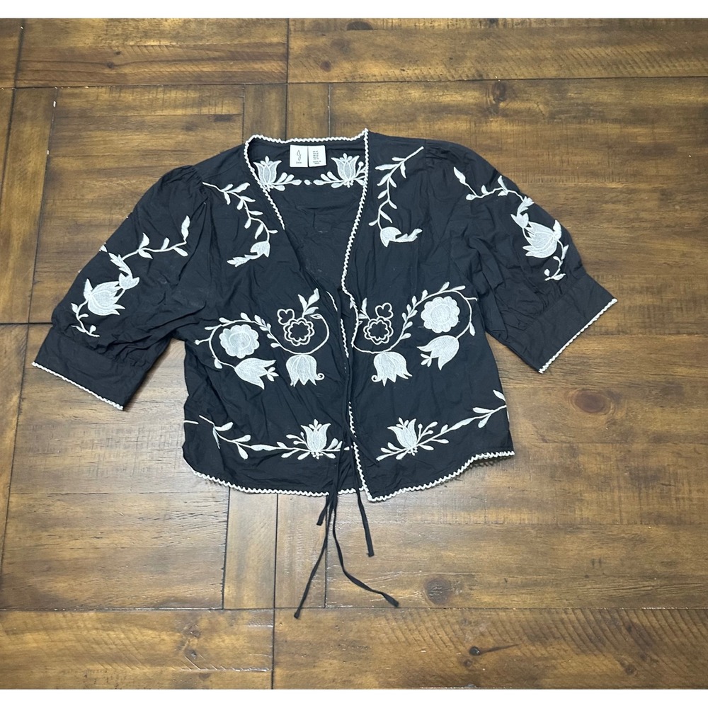 Joie Womens Black White Floral Embroidered Tie Front Puff‎ Sleeve Cotton Top M